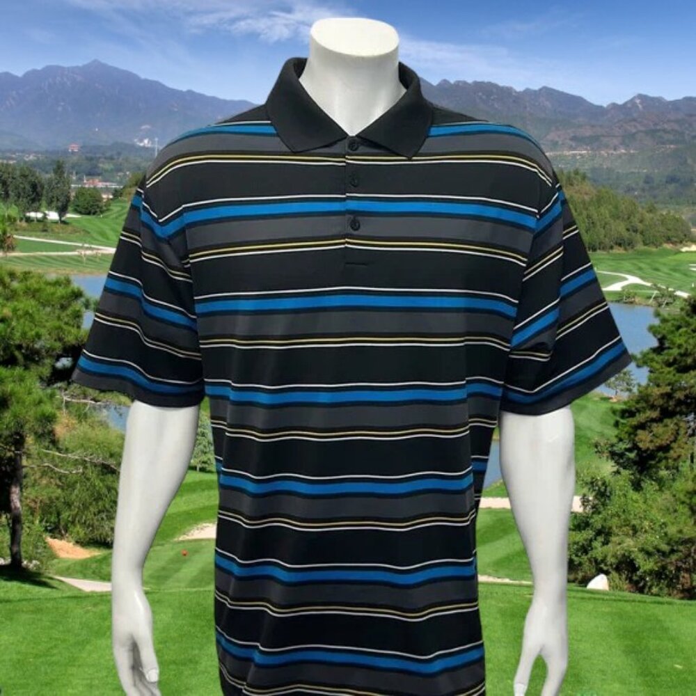 Nike Golf Dri Fit Performance Black Blue Yellow Striped Men's Polo Shirt Size XL